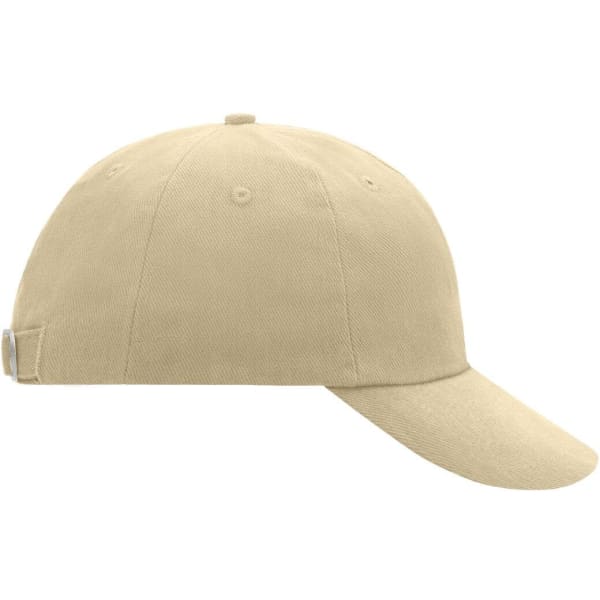 A beige 6-panel cap with a curved brim and an adjustable strap at the back, featuring a branding logo.
