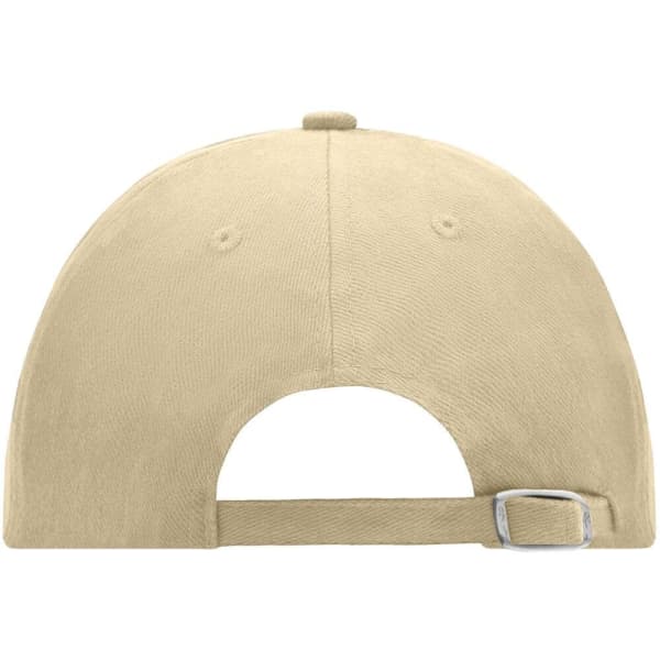 A beige 6-panel cap with an adjustable strap and a vented back. The cap features a logo.