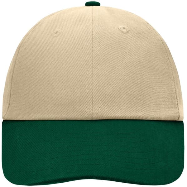 A beige and green 6-panel cap featuring a logo on the front and a curved brim.