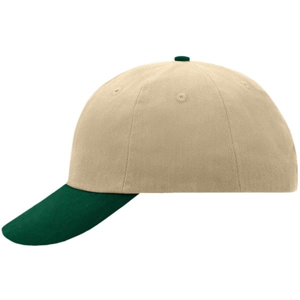 A beige six-panel cap with a green peak and button, featuring a logo on the front.