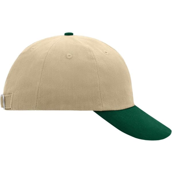 A beige cap with a green visor, featuring a logo on the side, styled as a six-panel raver cap.