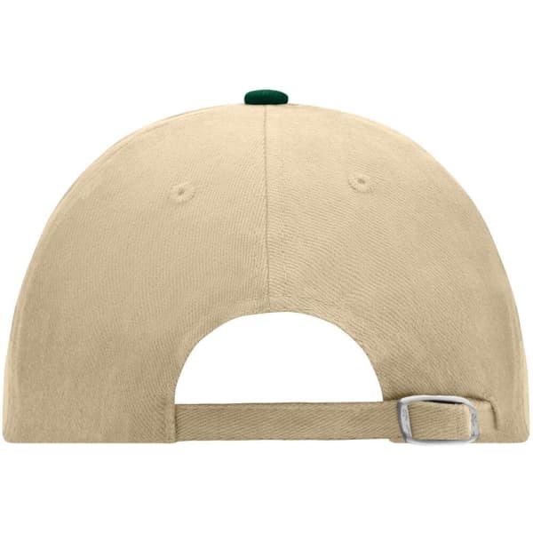 A beige 6-panel raver cap with a green top button and an adjustable back strap. The cap features a logo.
