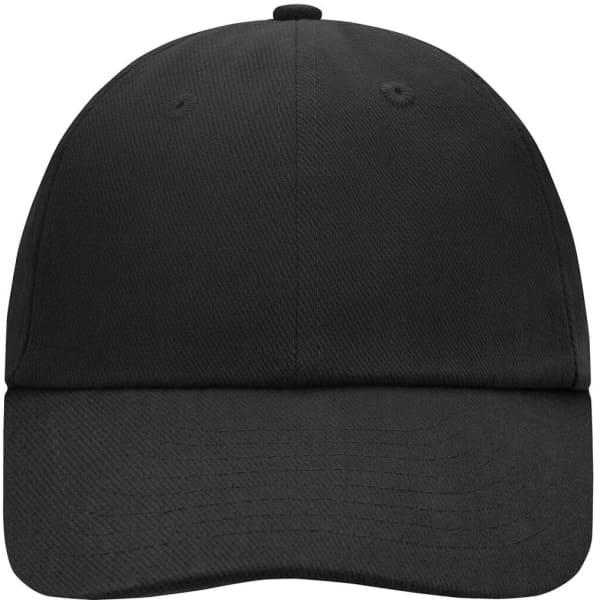 A black 6 Panel Raver Cap with a curved brim and an adjustable strap. It features a logo on the front.