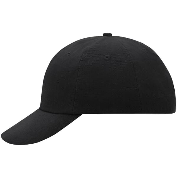 A black 6 Panel Raver Cap with a curved visor and a logo on the side.