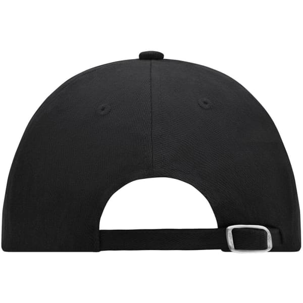 A black 6 Panel Raver Cap featuring an adjustable strap and a logo at the back.