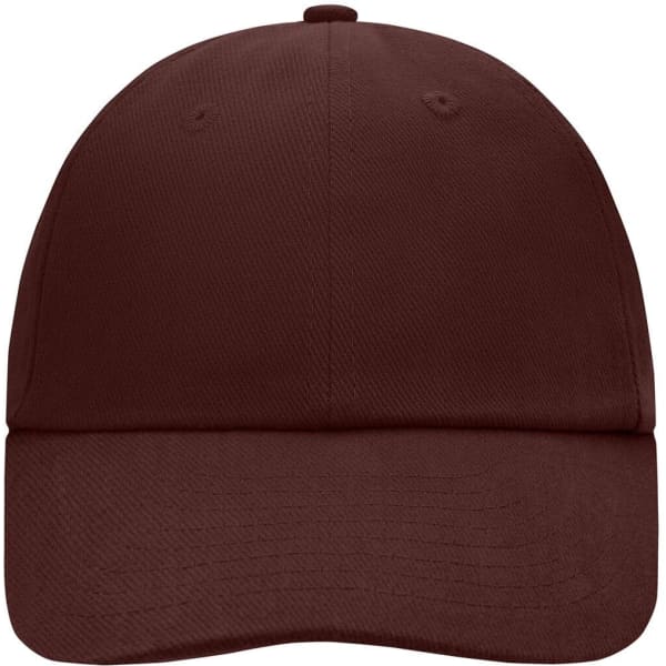 A maroon 6 panel raver cap with a rounded crown and a curved brim, featuring a logo.