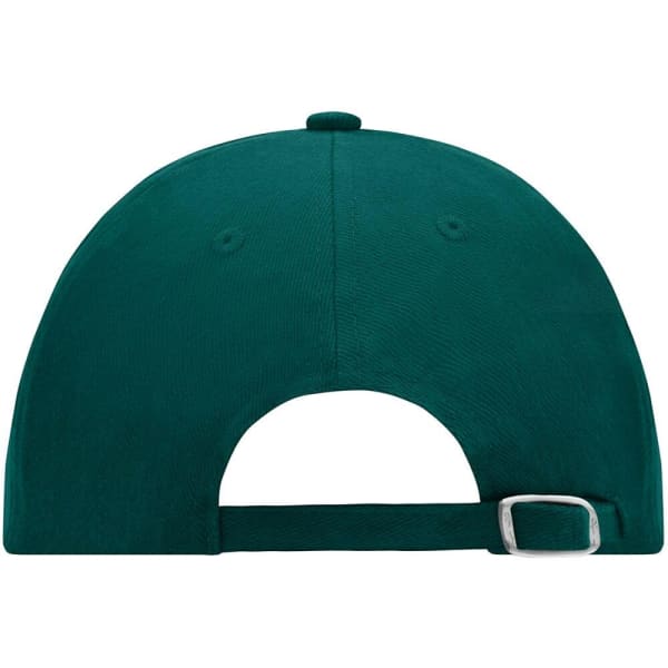 A green 6 panel cap with a flat brim and adjustable strap at the back. It features a branding logo.