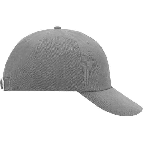 A grey 6-panel raver cap featuring a rounded crown and a curved brim, complete with a logo.