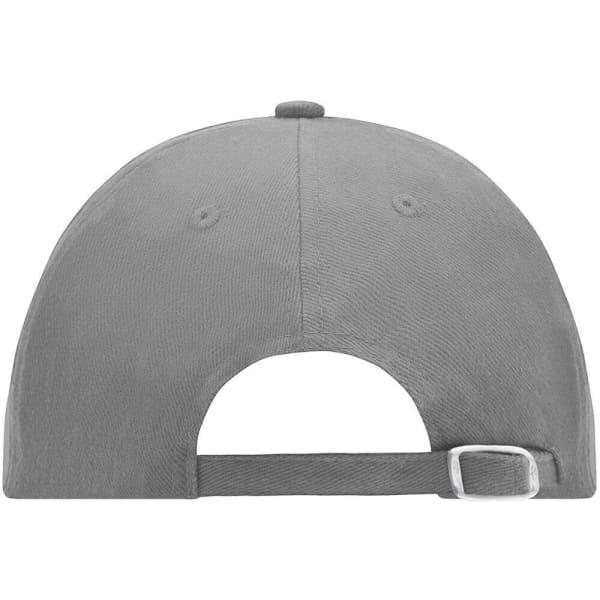 A grey 6 panel raver cap with a rear adjustable strap and a logo on the back.