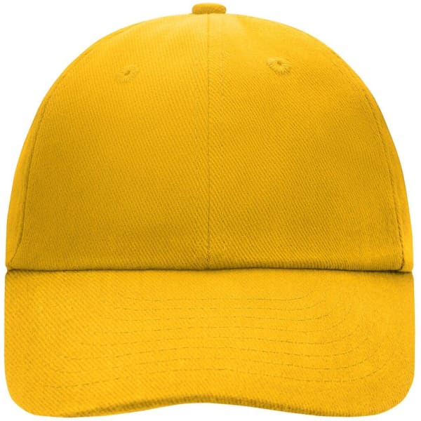 A yellow six-panel cap with a rounded crown and a curved brim, featuring a logo on the front.