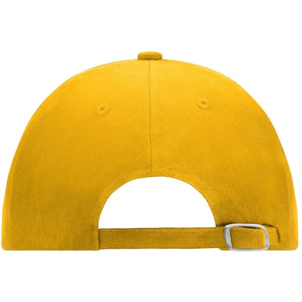 A yellow 6 Panel Raver Cap featuring an adjustable strap and a plain back design.