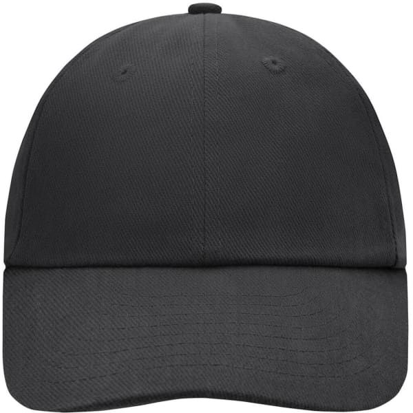 A black six-panel cap featuring a curved brim and a logo on the front.
