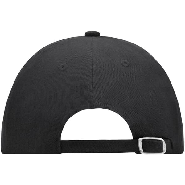 A black 6-panel cap featuring an adjustable strap at the back and ventilation holes. The cap has a logo.