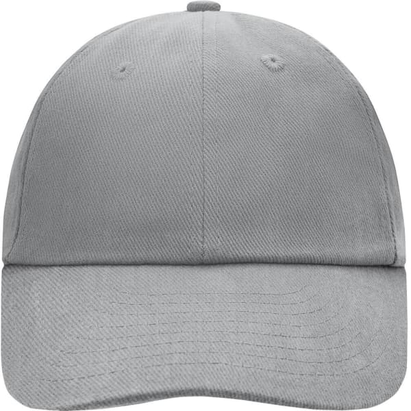 A grey 6 Panel Raver Cap featuring a curved brim and a logo on the front. Perfect for casual headwear.