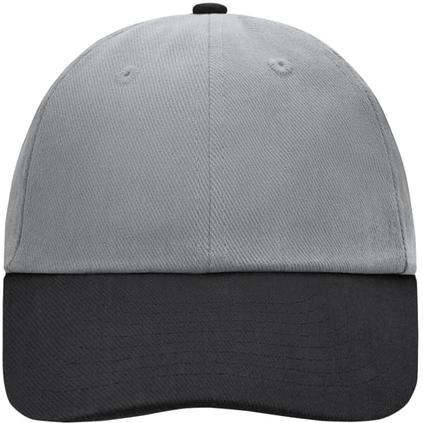A grey and black six-panel cap featuring a curved brim and a logo on the front.