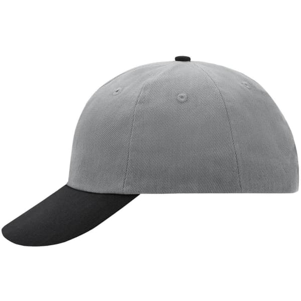 A grey 6 panel cap with a black peak, featuring a logo on the front.