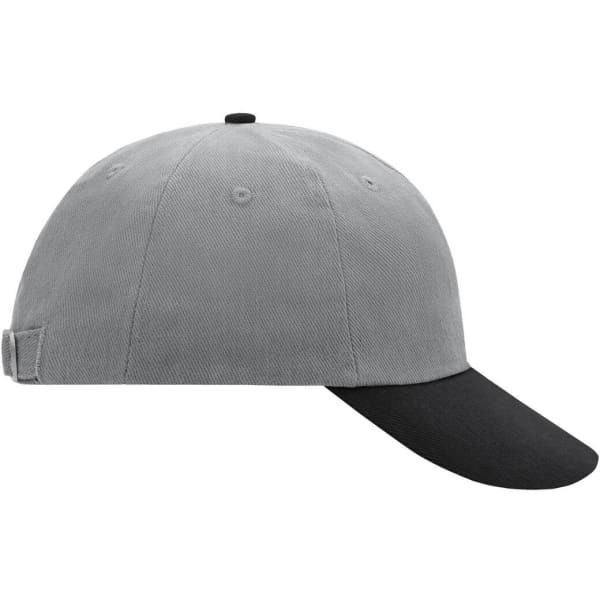A grey and black six-panel cap featuring a solid design and an adjustable strap at the back.
