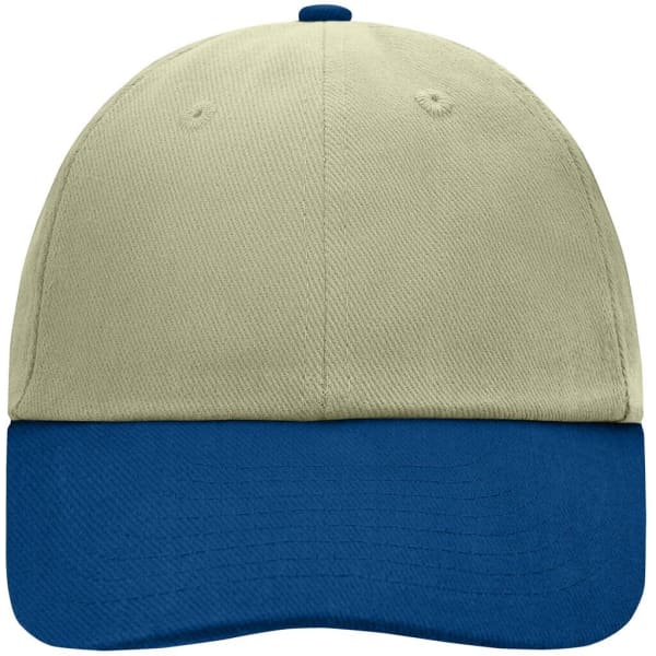 A 6-panel cap featuring a khaki top and blue visor, with a logo on the front.