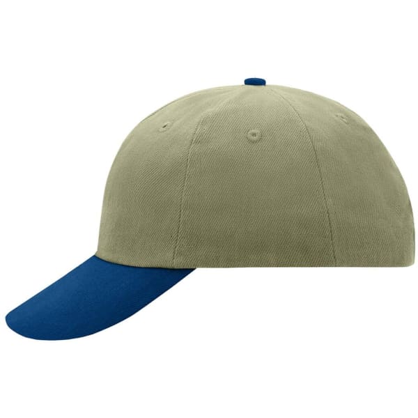 A 6 panel cap in olive green with a navy blue peak, featuring a logo on the side.