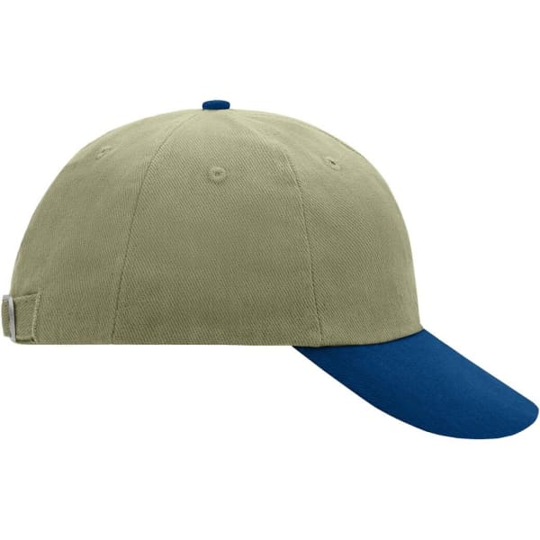 A 6-panel raver cap in khaki with a blue peak and an adjustable strap, featuring branding.