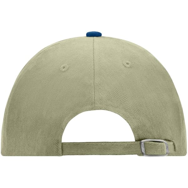 A green 6-panel cap with a blue button on top and an adjustable strap at the back, featuring a logo.