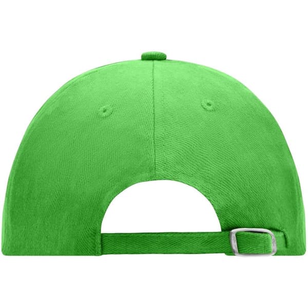 A bright green 6-panel cap featuring a curved brim and adjustable strap at the back. Includes a logo.