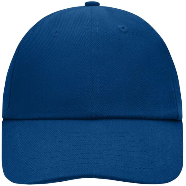 A blue 6-panel cap with a curved brim and an eyelet detail. It features a branding logo.