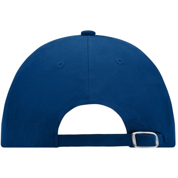 A blue 6 panel raver cap with a rear opening and an adjustable strap. It includes a logo on the side.