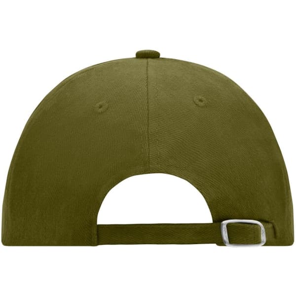 A 6-panel raver cap in olive green with an adjustable strap and a logo on the back.