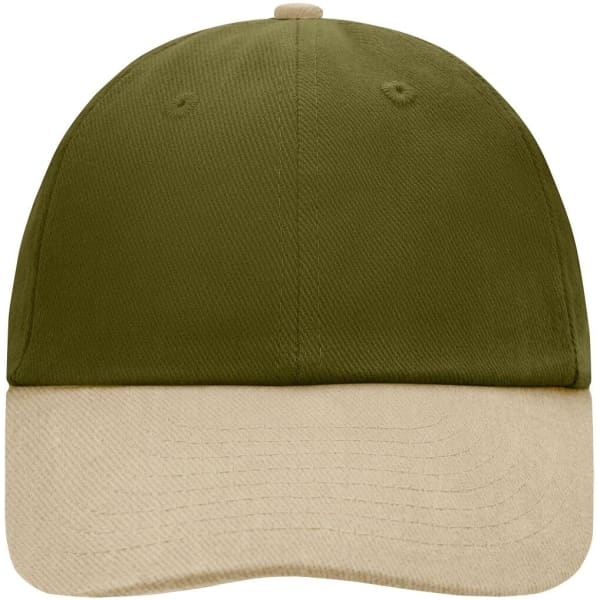 A 6-panel cap featuring an olive green top and a cream-coloured brim, complete with a logo.