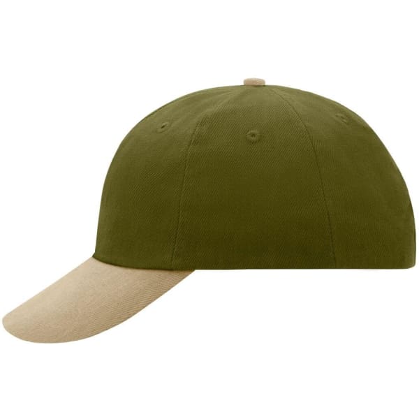 A six-panel cap featuring an olive green crown and a beige peak, with a logo on the side.