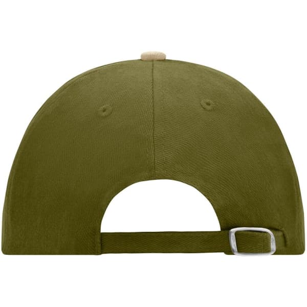 A 6-panel raver cap in olive green, featuring a curved brim and an adjustable strap at the back.