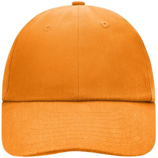 An orange 6 panel cap with a curved brim and a logo on the front.