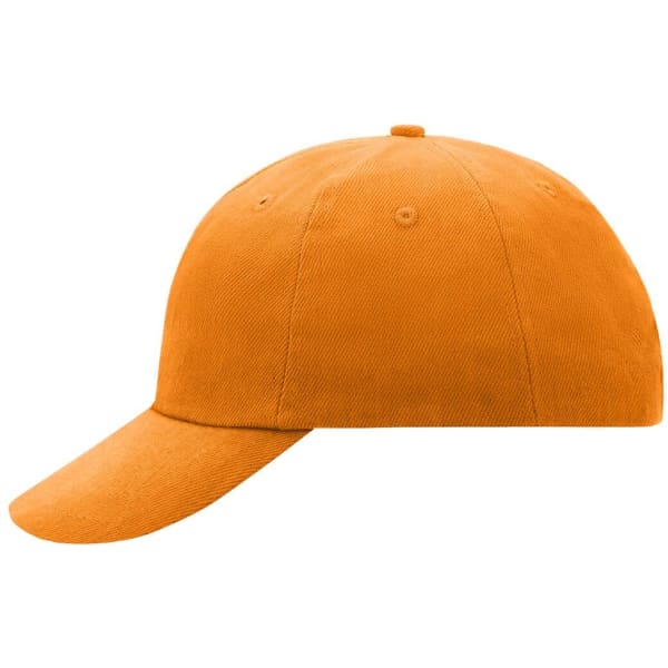 An orange 6 panel cap with a curved brim and a top button, featuring stitched eyelets and a logo.