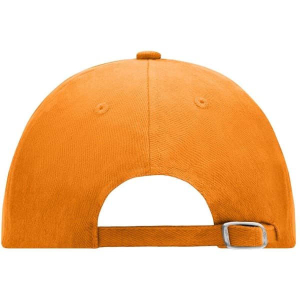 An orange 6 Panel Raver Cap with a flat brim and an adjustable strap at the back. It features a logo.