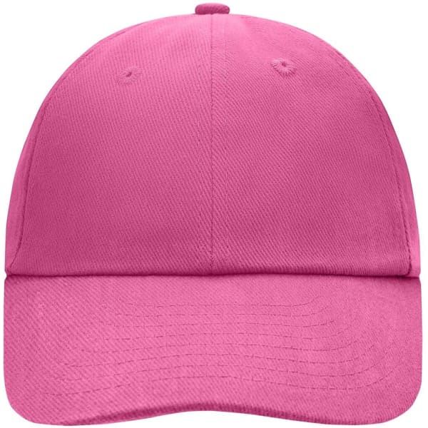A pink 6 Panel Raver Cap featuring a curved brim and a logo on the front.