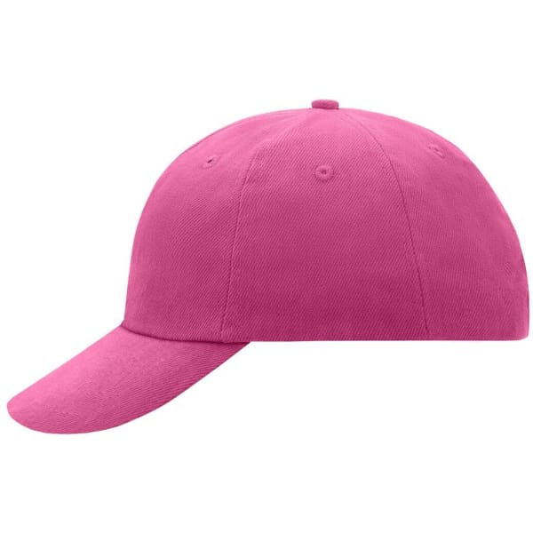 A pink 6 Panel Raver Cap with a rounded crown and a curved brim, featuring a logo.