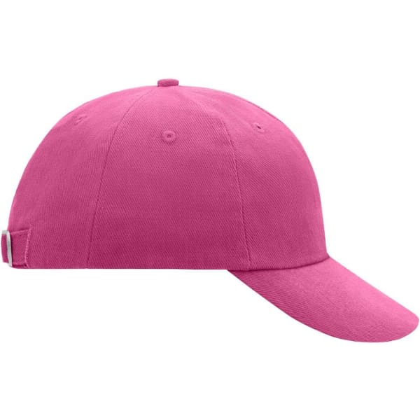 A pink 6-panel raver cap with a curved brim and a logo on the side.