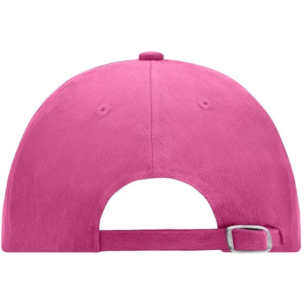 A pink 6 panel cap featuring a rear adjustment strap and a logo on the back.