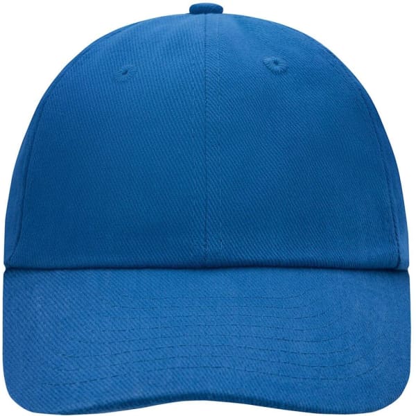 A blue 6 Panel Raver Cap featuring a curved brim and a simple design, with a logo on the side.