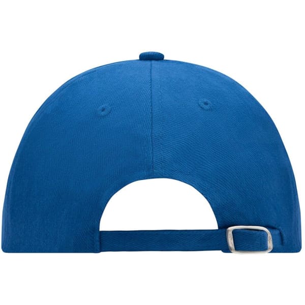 A blue 6 panel cap featuring a back strap and a logo, designed for casual wear.