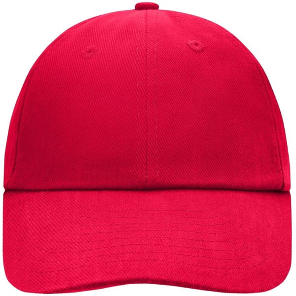 A red 6 panel cap featuring a curved brim and a logo on the front.