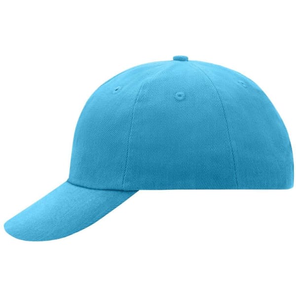 A six-panel raver cap in bright blue, featuring a curved brim and a logo on the side.