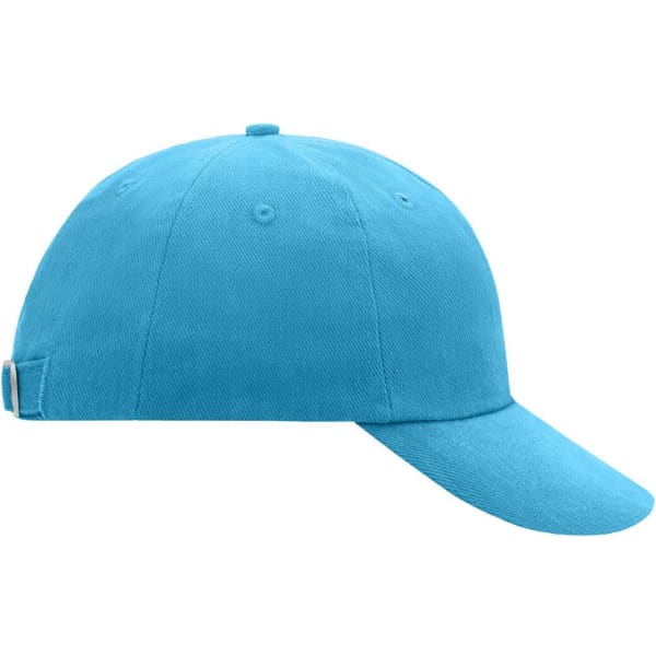 A bright blue 6-panel raver cap featuring a curved brim and a logo on the back.