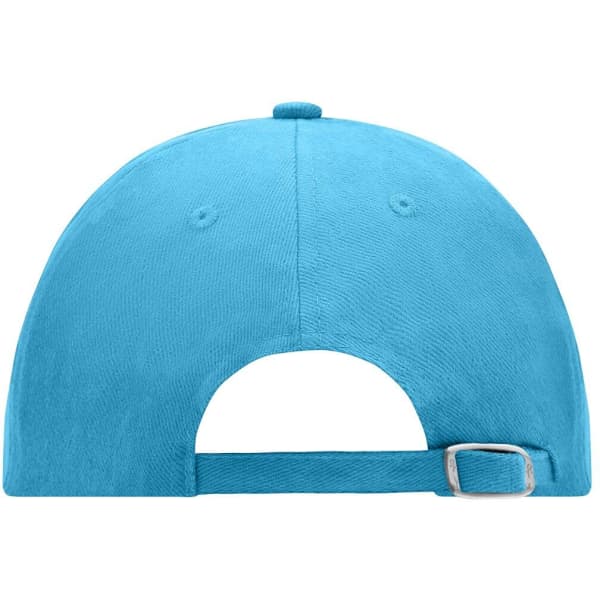 A turquoise 6 Panel Raver Cap featuring a rear adjustable strap and a logo on the side.