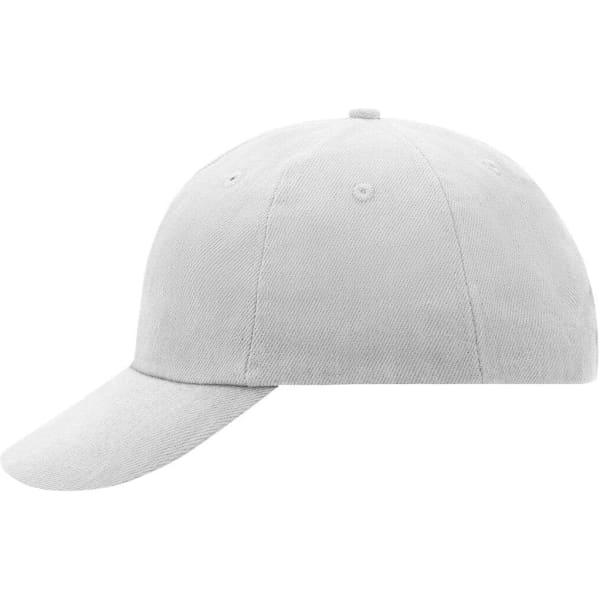 A grey 6-panel cap with a curved peak, featuring stitching details and a logo.