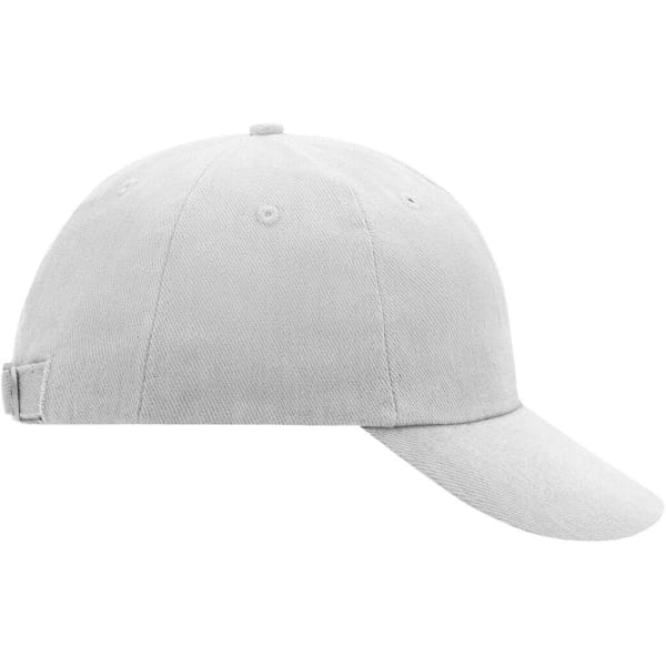 A grey 6 panel raver cap with a curved brim and adjustable strap, featuring a logo on the side.