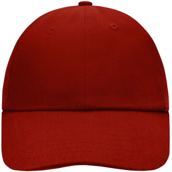 A red six-panel cap featuring a curved brim and ventilation eyelets, with a logo on the front.
