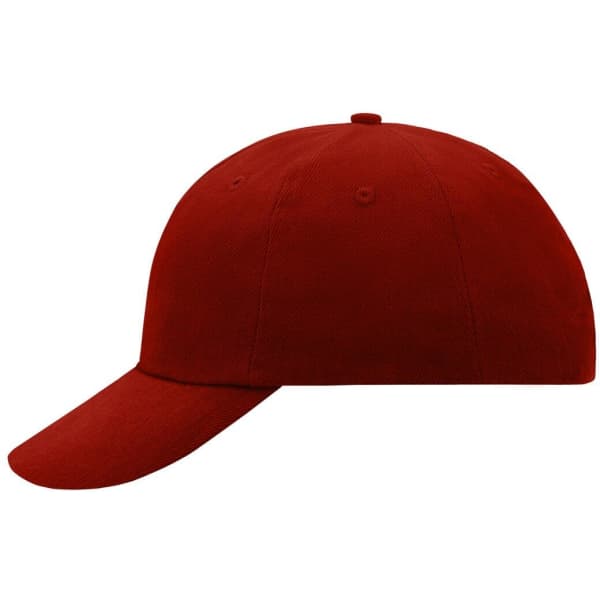 A red 6 panel cap with a curved brim and a logo on the front.