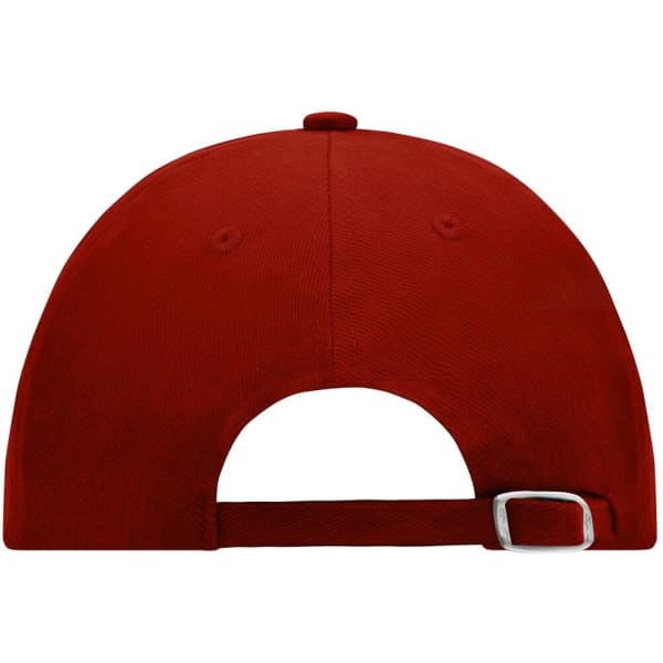 A red 6-panel raver cap featuring a buckle strap at the back and a logo.